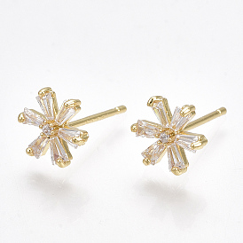 Brass Cubic Zirconia Stud Earrings, Flower, Clear