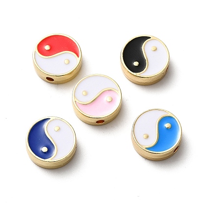 Perles d'émail d'alliage de placage de support, plat rond avec motif yin yang, or
