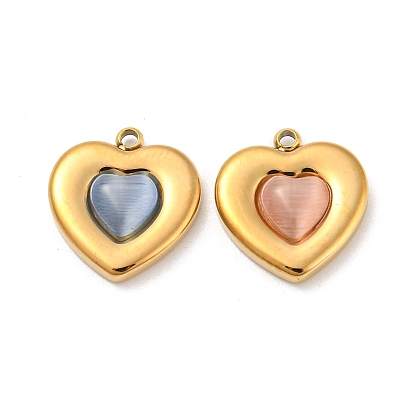 304 Stainless Steel Charms, with Cat Eye, Heart Charm, Real 14K Gold Plated