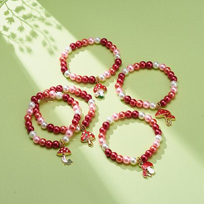 Red Glass Pearl Beaded Stretch Bracelet with Alloy Enamel Mushroom Charm for Women