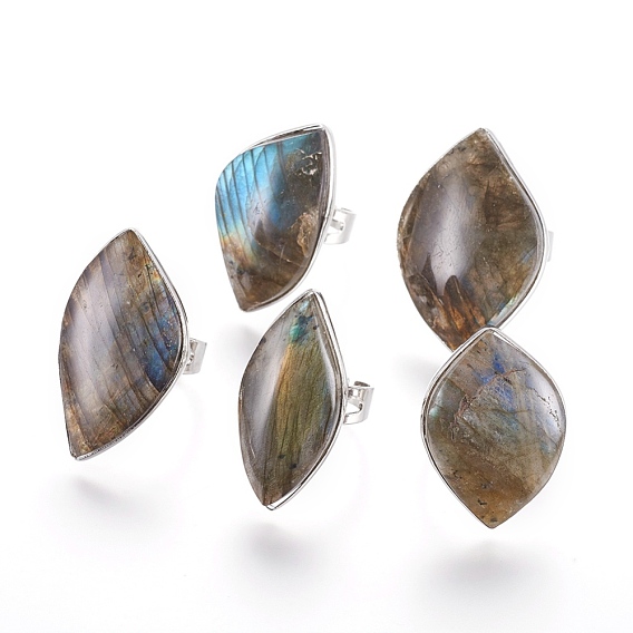 Adjustable Natural Labradorite Rings, with Brass Findings, Leaf