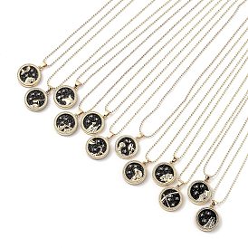 12 Colliers pendentifs en alliage de strass, avec résine et chaînes à billes, plat rond avec constellation / signe du zodiaque, or, noir