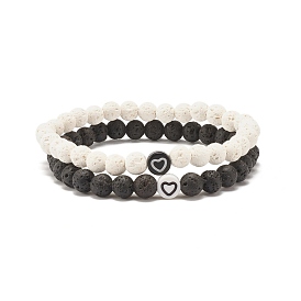 2 pcs 2 style pierre de lave naturelle (teinte) bracelets extensibles en perles rondes sertis de coeur, bijoux de pierres précieuses de puissance de diffuseur d'huile pour les femmes