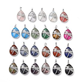 Gemstone Pendants, with Platinum Tone Brass Findings, Lead Free & Cadmium Free, Teardrop with Dragonfly Charms