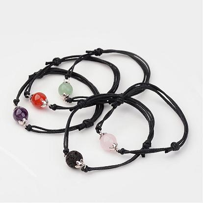 Adjustable Natural Gemstone and Waxed Cotton Cord Bracelets, with Tibetan Style Alloy Bead Caps, 42~75mm