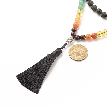 7 collier bouddhiste chakra, Collier de perles rondes en pierres précieuses mélangées naturelles et synthétiques avec tête de bouddha en alliage et gros pompon pour femme