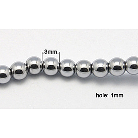 Vacuum Plating Non-Magnetic Synthetic Hematite Beads, Round, Gainsboro, 3mm, Hole: 1mm, Length: 17.4 inch