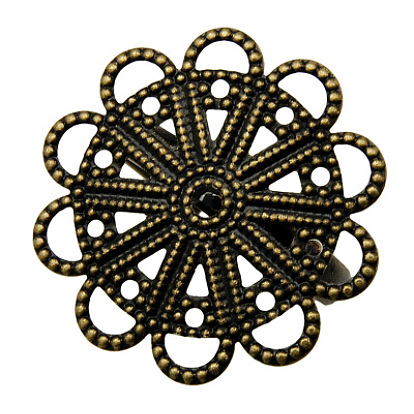 Tiges à anneau en laiton , bases d'anneau en filigrane, pour les anneaux antiques faisant, réglable, fleur, 17mm