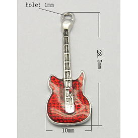 Laiton émail pendentifs, sans plomb et sans nickel, guitare, 28.5x10x2mm, Trou: 1mm