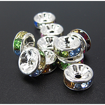 Brass Rhinestone Spacer Beads, Grade A, Rondelle, 8x3.5mm, Hole: 2mm