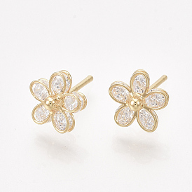 Brass Earring Studs, with Cubic Zirconia, Flower, Real 18K Gold Plated