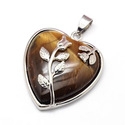 Corazón con flor colgantes de piedra mixta de latón chapado en platino, sin plomo y cadmio, 37x31.5x8 mm, agujero: 5x8 mm