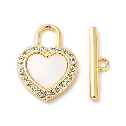 Brass Micro Pave Clear Cubic Zirconia Toggle Clasps, with Shell, Heart Lock