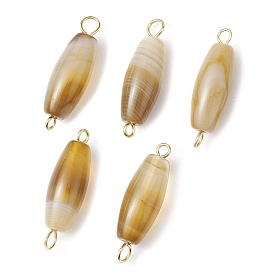 Natural Striped Agate/Banded Agate Connector Charms, Rice Links with Golden Plated 304 Stainless Steel Double Loops