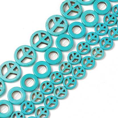 Synthetic Howlite Beads Strands, Dyed, Flat Round & Flat Round with Peace Sign