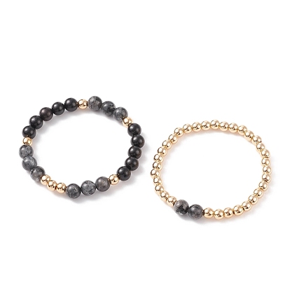 Ensemble de bracelets extensibles en larvikite naturelle, en bois et en hématite synthétique, bijoux en pierres précieuses pour femmes