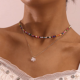 Bohemian Lotus Necklace with Double Layered 3mm Colorful Rice Beads for Women