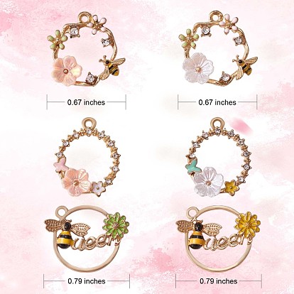 12 pendentifs en alliage émaillé, avec strass cristal, or, bague avec abeille et fleur