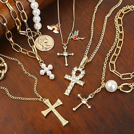 Vintage Pearl Cross Necklace for Women - Exaggerated Multi-layered Cross Pendant