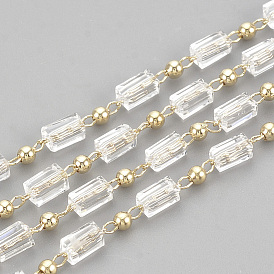 Handmade Glass Beaded Chains, Soldered, with Spool, with Brass Findings, Faceted, Rectangle, Clear