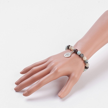 Bracelets élastiques de pierres précieuses naturelles, avec pendentifs en alliage et résultats, arbre de vie et ohm, Emballage en toile de jute