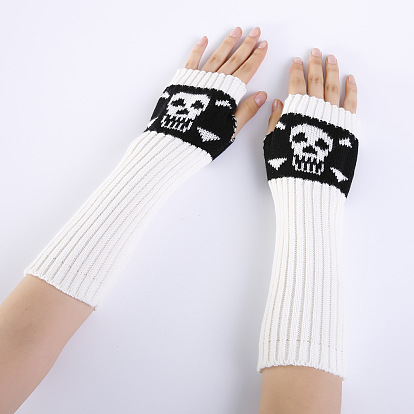 Fil de fibre de polyacrylonitrile tricotant de longs gants sans doigts, manchette, gants chauds d'hiver avec trou pour le pouce, Motif de crâne
