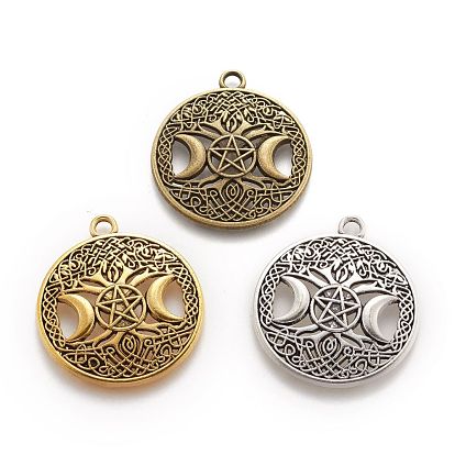Tibetan Style Hollow Alloy Pendants, Lead Free & Cadmium Free, Flat Round withTriple Moon Goddess, Pagan Jewelry
