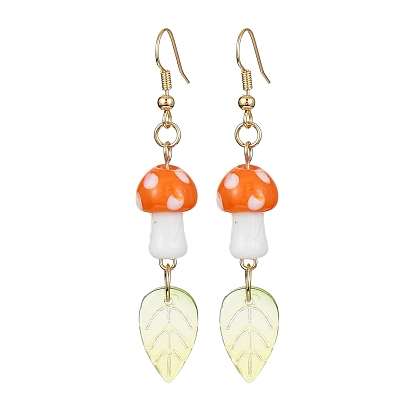 4 Pairs 4 Colors Mushroom Lampwork & Glass Leaf Dangle Earrings, Golden Brass Long Drop Earrings