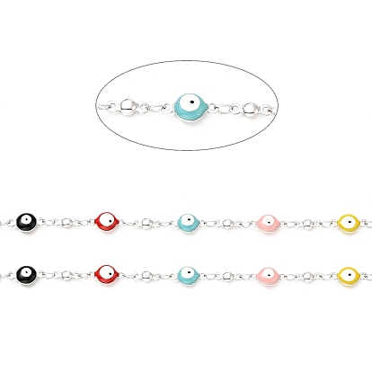 Enamel Flat Round with Evil Eye Link Chains, with 304 Stainless Steel Findings, Unwelded, with Spool