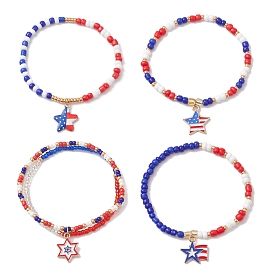 4 piezas 4 conjuntos de pulseras elásticas con cuentas de semillas de vidrio estilo, Pulseras del día de la independencia con dijes de estrellas esmaltadas de aleación.