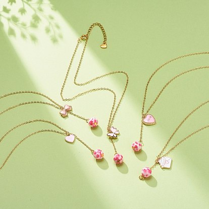 Breloque en alliage d'émail et perles de résine collier lariat, thème de la Saint-Valentin 304 bijoux en acier inoxydable pour femmes