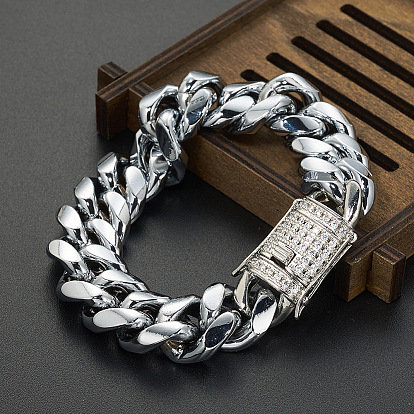 Stainless Steel Curb Chain Bracelet with Rhinestone Clasps