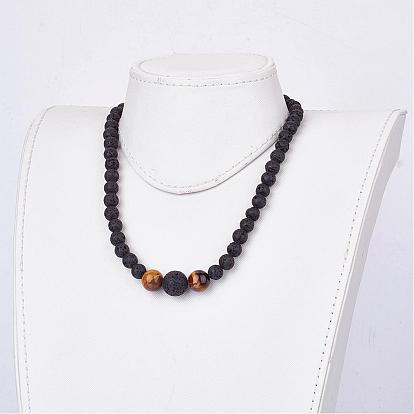Natural Gemstone Beaded Necklaces, with Natural Lava Rock Beads & Platinum Plated Brass Lobster Claw Clasps