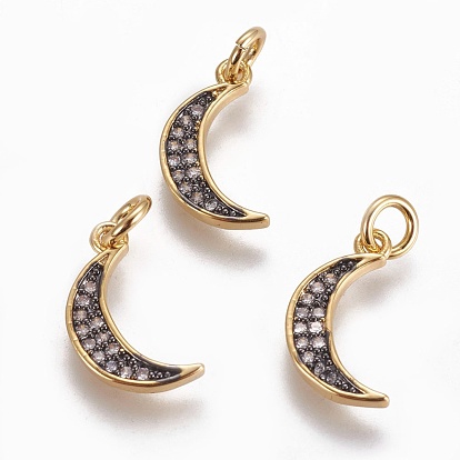 Brass Micro Pave Cubic Zirconia Charms, with Enamel, Moon