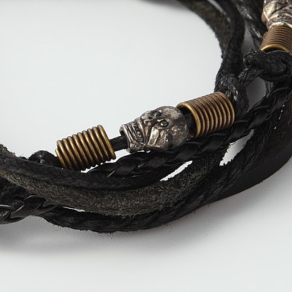 Bracelets multi-brin rétro réglables, 6 brin ß cordon en cuir bracelets avec des perles de bois, alliage d'argent antique et cordon ciré, crane, 56mm