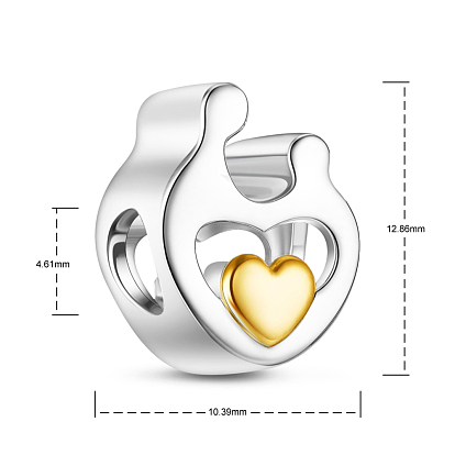 TINYSAND 925 Sterling Silver Hand in Hand Heart Charm European Beads, 12.86x10.39x8.9mm, Hole: 4.61mm