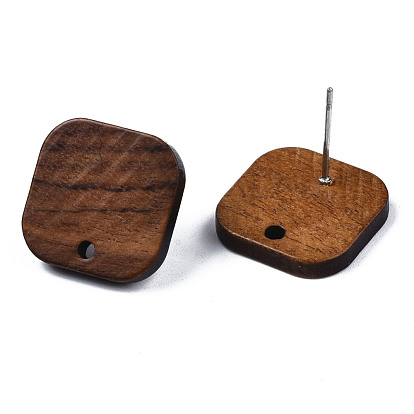 Walnut Wood Stud Earring Findings, with Hole and 304 Stainless Steel Pin, Square