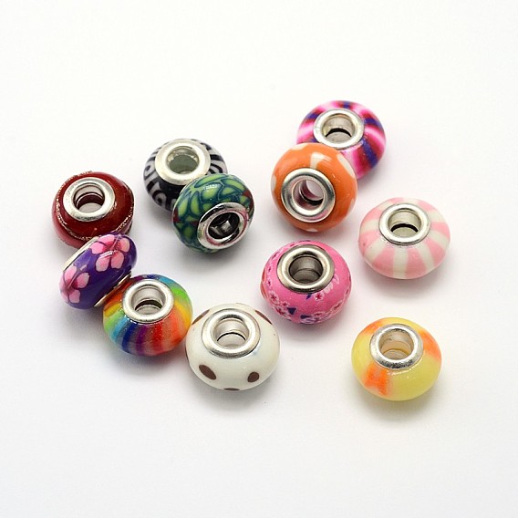 Handmade Polymer Clay Large Hole Rondelle European Beads, with Double Silver Color Plated Brass Cores