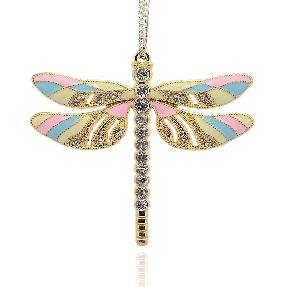 Golden Tone Alloy Enamel Insect Pendants, with Crystal Rhinestones, Dragonfly Necklaces Charms, 56x64x5mm, Hole: 2mm