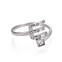 304 Stainless Steel Finger Rings, with Rhinestone, Initial Letter E & Square, Crystal