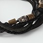 Bracelets multi-brin rétro réglables, 6 brin ß cordon en cuir bracelets avec des perles de bois, alliage d'argent antique et cordon ciré, crane, 56mm