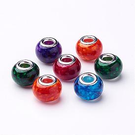 Spray Painted Glass European Beads, with Silver Color Plated Brass Core, Large Hole Beads, Rondelle, 14~15x11mm, Hole: 4.5~5mm