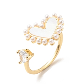 Clear Cubic Zirconia Heart Open Cuff Ring with Shell, Brass Jewelry for Women, Cadmium Free & Lead Free