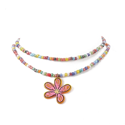 Colliers pendentif fleur acrylique imprimé transparent, collier tour de cou à double rang de perles de verre avec 304 fermoirs mousqueton en acier inoxydable et chaîne d'extension, pour femme
