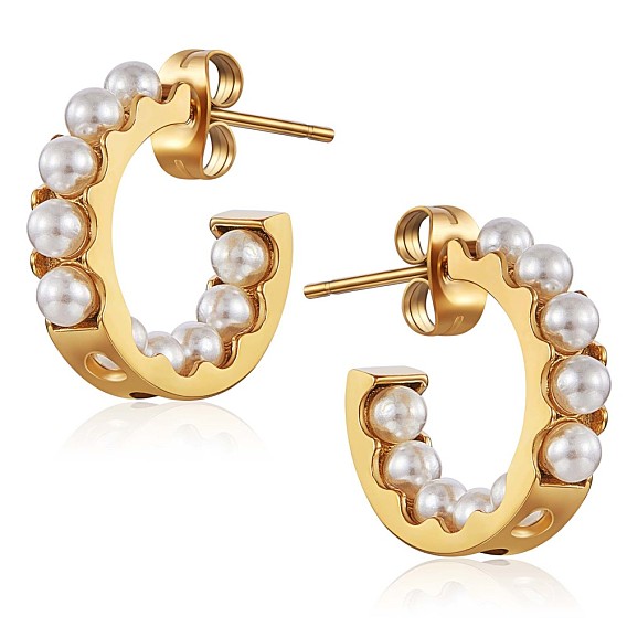 Aretes con forma de C y perlas de concha, 430 pendientes de medio aro de acero inoxidable para mujer