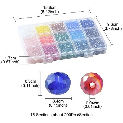 3000 pcs 15 couleurs galvanoplastie perles de verre brins, de couleur plaquée ab , facette, abaque