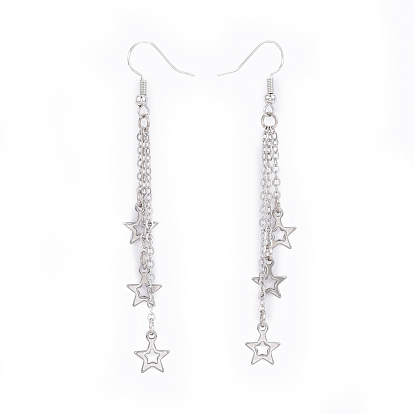 Brass Tassel Dangle Earrings, with 201 Stainless Steel Charms, Star