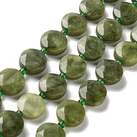 Natural Chinese Green Jade Beads Strands, with Seed Beads, Faceted Hexagonal Cut, Flat Round