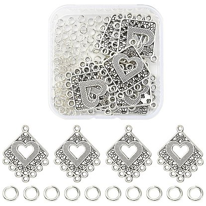 20Pcs Tibetan Style Alloy Chandelier Component Links, Rhombus & Heart, with 100Pcs Jump Rings