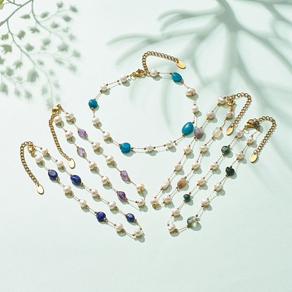Bracelet de cheville en pierres précieuses naturelles et perles, bijoux en acier inoxydable plaqué or pour femme
